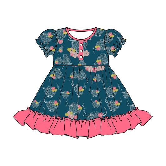 Baby Girls Short Sleeve Navy Highland Cow Flowers Knee Length Dresses Preorder(moq 5)