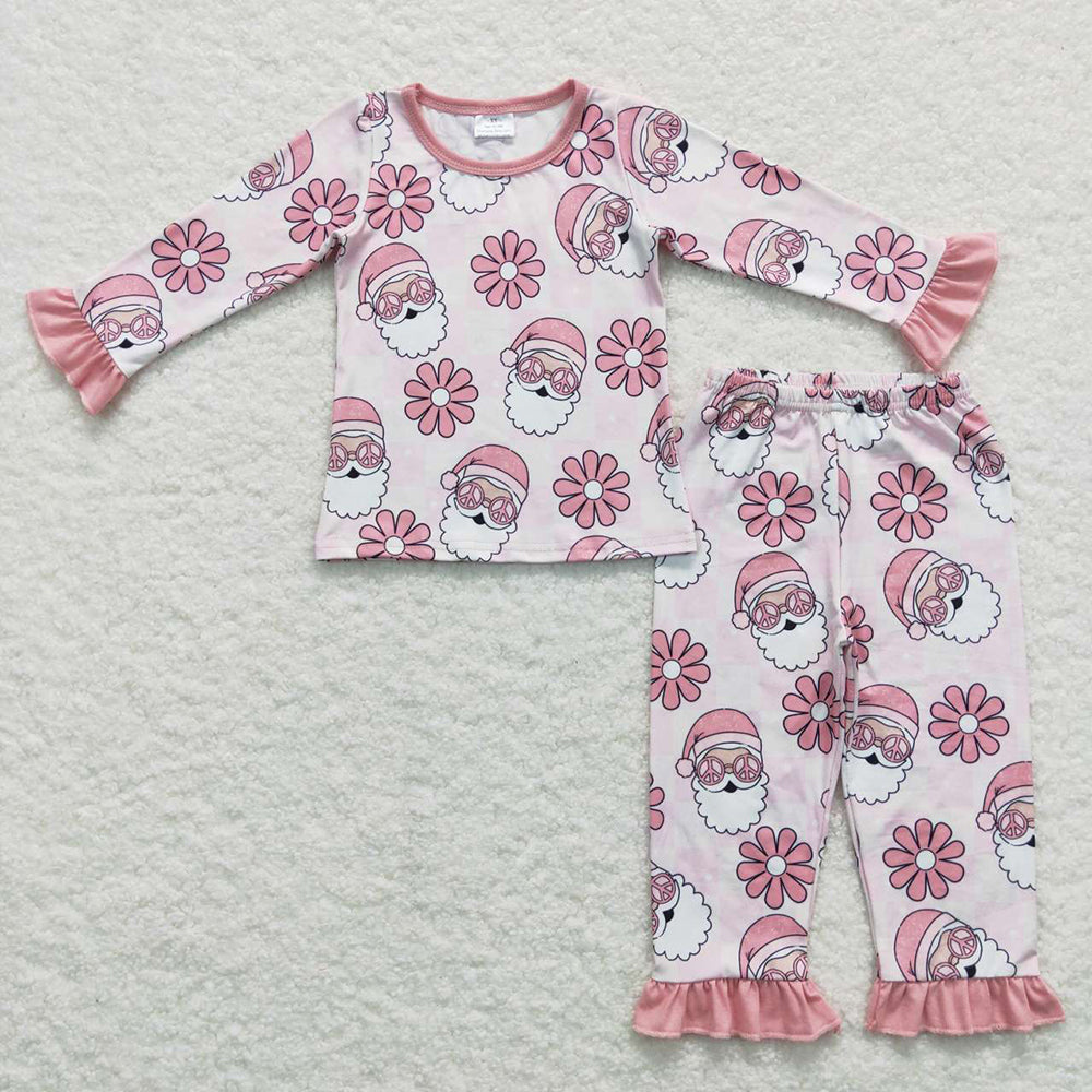 Baby Girls Christmas Santa Pink Flowers 2Pcs Jammies Pajamas Clothes Sets