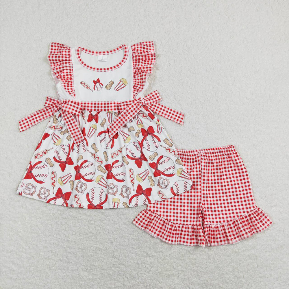 Baby Girls Baseball Bows Tunic Tops Ruffle Shorts Clothes Sets
