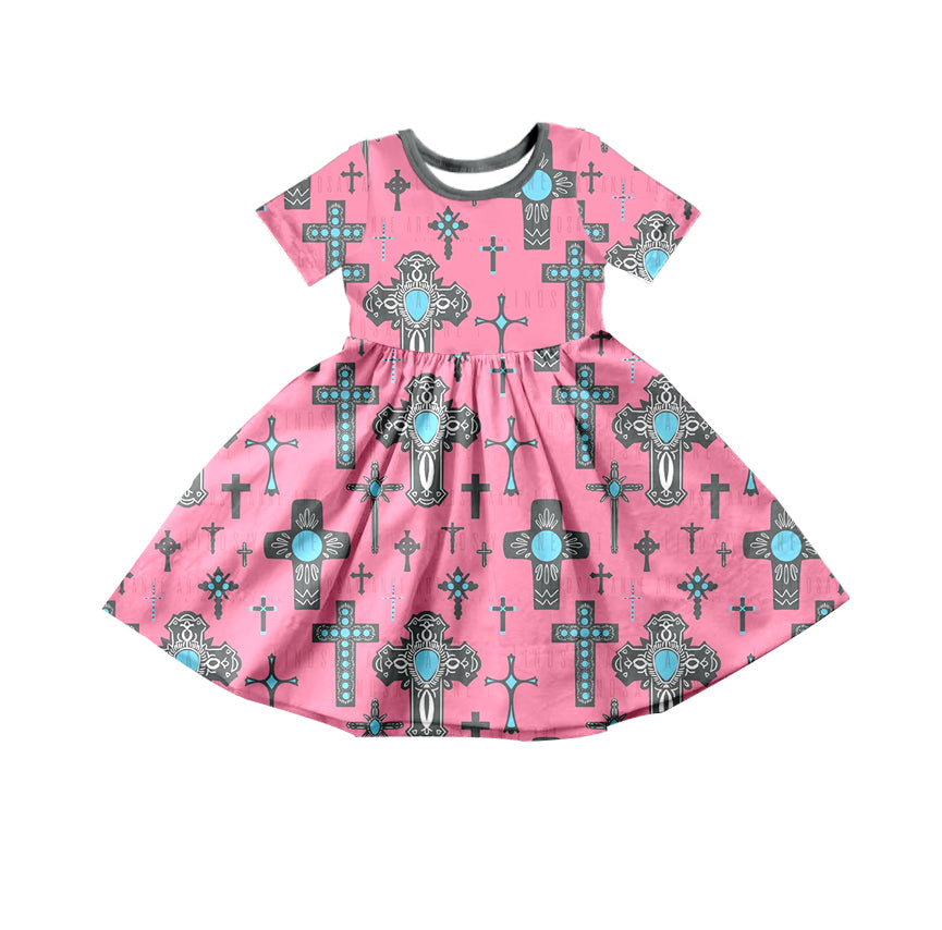 Baby Girls Cross Easter Pink Knee Length Dresses Preorder(moq 5)