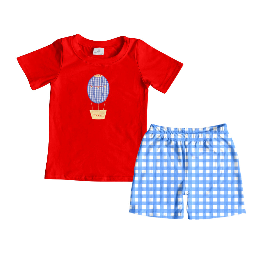 Baby Boys Red Balloon Tee Shirts Blue Checkered Shorts Clothes Sets Preorder(moq 5)