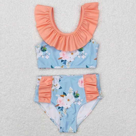 Baby Girls Blue Flowers Sleeveless Ruffle Top 2pcs Swimsuits