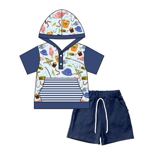 Baby Boys Fishing Hooded Shirt Navy Shorts Clothes Sets Preorder(moq 5)