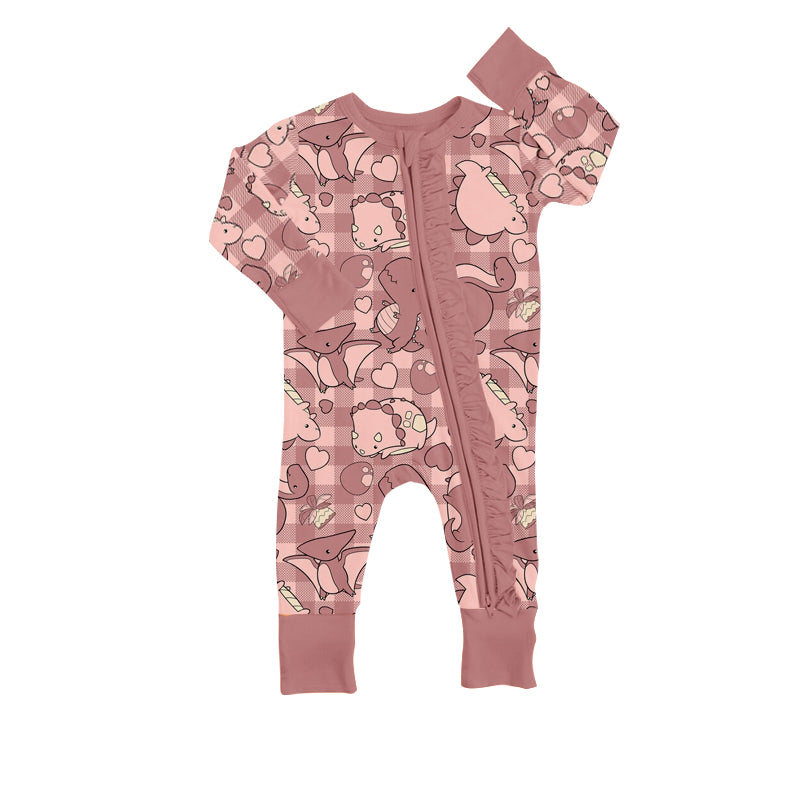 Baby Infant Girls Dinosaurs Pink Ruffle Zip Long Sleeve Rompers preorder(moq 5)