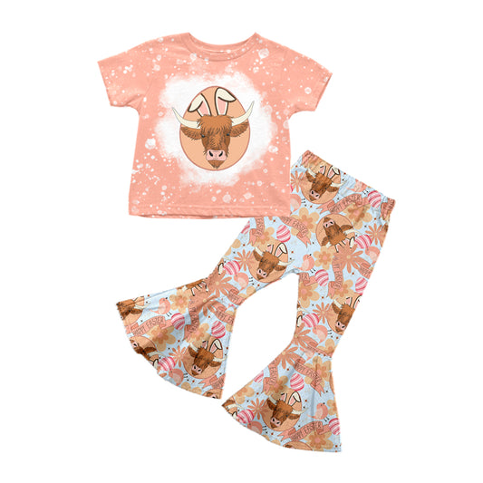 Baby Girls Easter Rabbit Highland Cow Tee Bell Pants Clothing Sets Preorder(moq 5)