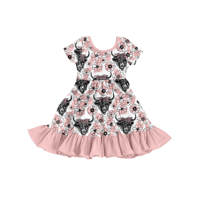 Baby Girls Short Sleeve Pink Highland Cow Flowers Knee Length Dresses Preorder(moq 5)