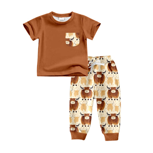 Baby Boys Brown Highland Cow Pocket Tee Shirt Pants Sets Preorder(moq 5)