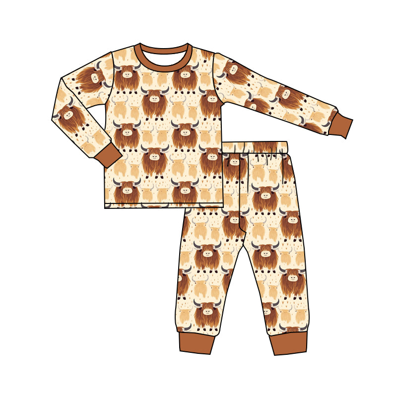 Baby Boys Brown Highland Cow Tee Shirt Pants Pajamas Sets Preorder(moq 5)