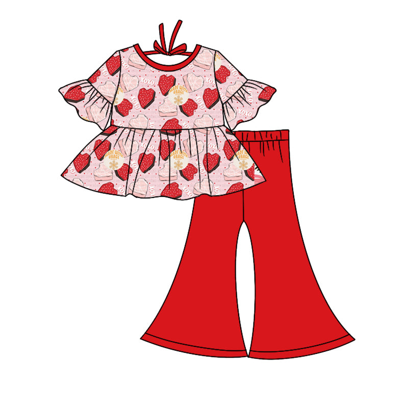 Baby Girls Pink Valentines Hearts Cookies Top Bell Pants Clothes Sets preorder(moq 5)