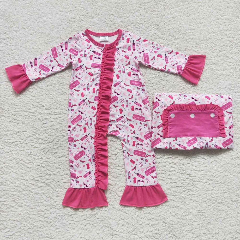 Baby Girls Doll Pink Zip Ruffle Rompers