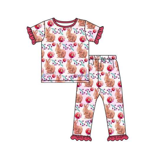 Baby Girls Easter Red Rabbits Shirts Top Ruffle Pants Pajamas Clothes Sets Preorder(moq 5)