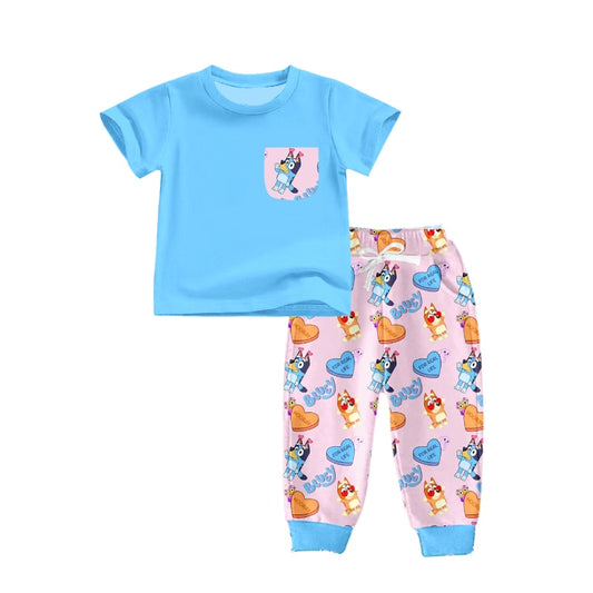 Baby Boys Valentines Dog Short Sleeve Top Pants Outfits Sets preorder(moq 5)