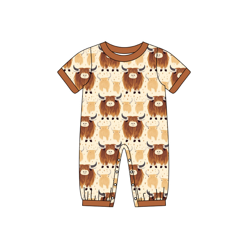 Baby Infant Western Boys Brown Highland Cow Short Sleeve Rompers preorder(moq 5)