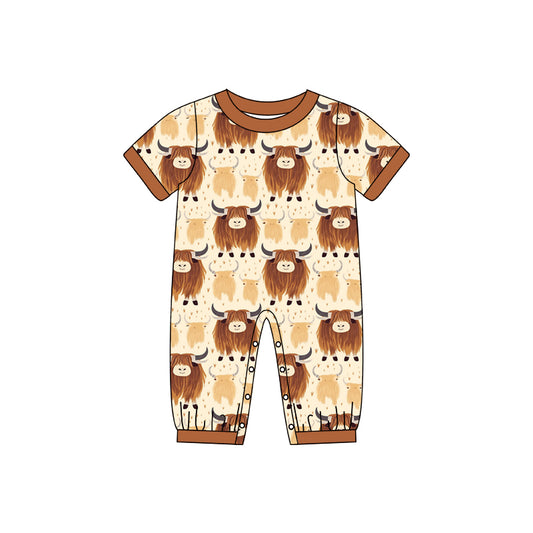 Baby Infant Western Boys Brown Highland Cow Short Sleeve Rompers preorder(moq 5)