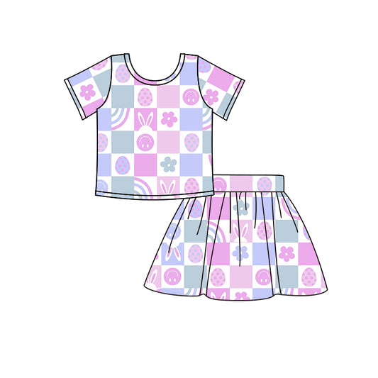 Baby Girls Easter Rabbit Purple Short Sleeve Shirt Skirts Clothing Sets Preorder(moq 5)