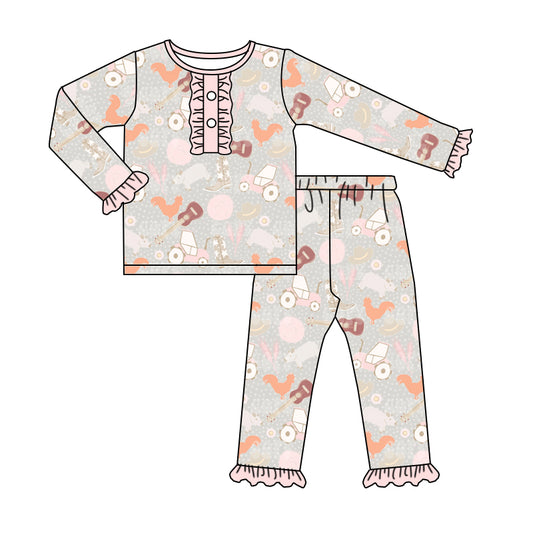 Baby Girls Pink Farm Top Ruffle Pants Pajamas Sets preorder(moq 5)