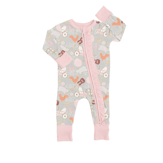 Baby Infant Girls Pink Farm Zip Ruffle Rompers preorder(moq 5)