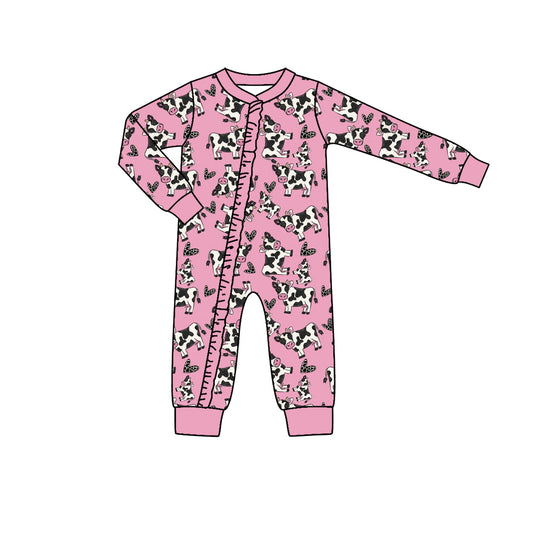 Baby Infant Girls Cows Pink Ruffle Zip Long Sleeve Rompers preorder(moq 5)