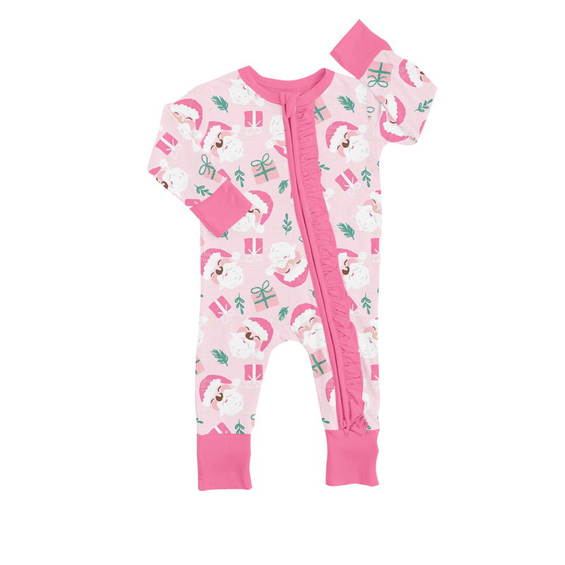 Baby Infant Girls Pink Santa Zip Ruffle Rompers preorder(moq 5)