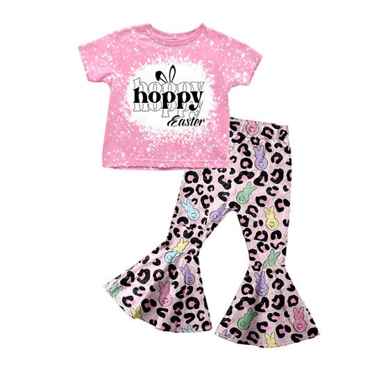 Baby Girls Pink Happy Easter Shirt Leopard Rabbit Bell Pants Preorder(moq 5)