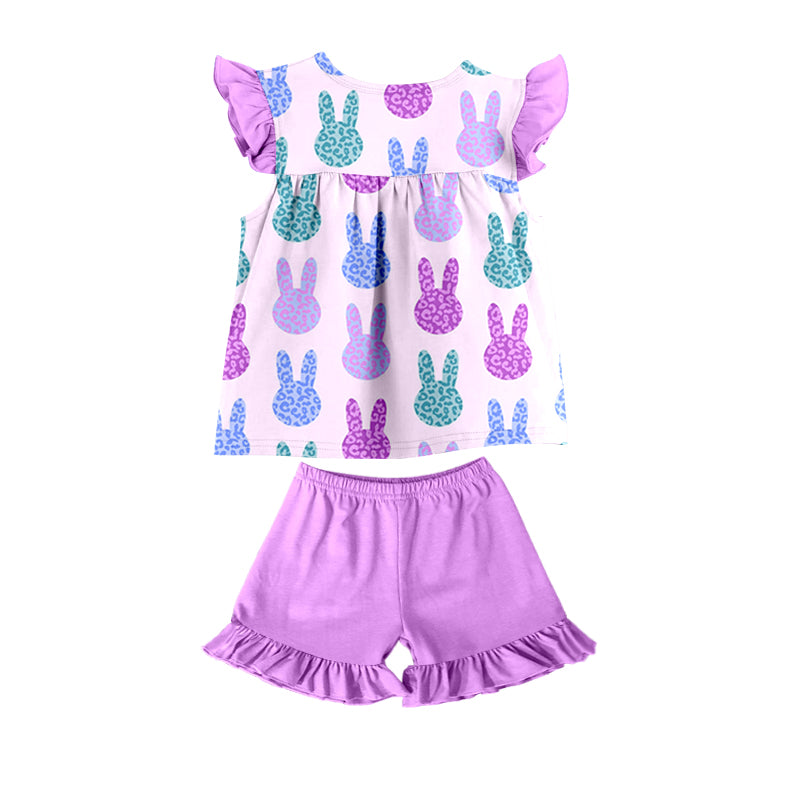 Baby Girls Purple Rabbit Purple Flutter Sleeve Top Shorts Clothes Sets Preorder(moq 5)