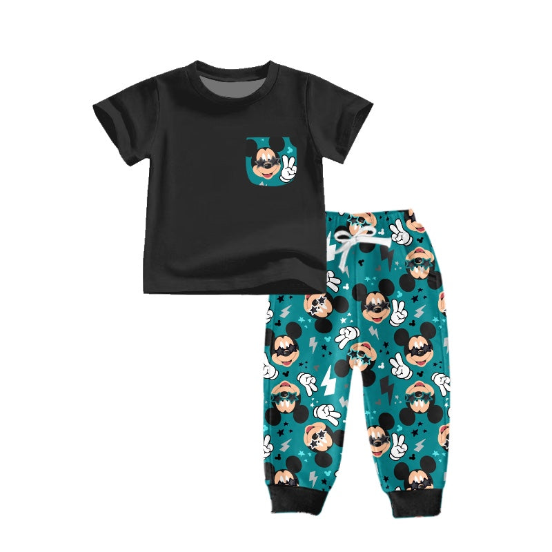 Baby Boys Cartoon Black Short Sleeve Top Pants Outfits Sets preorder(moq 5)