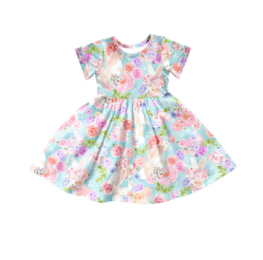 Baby Girls Pink Rabbit Flowers Short Sleeve Knee Length Dresses Preorder(moq 5)