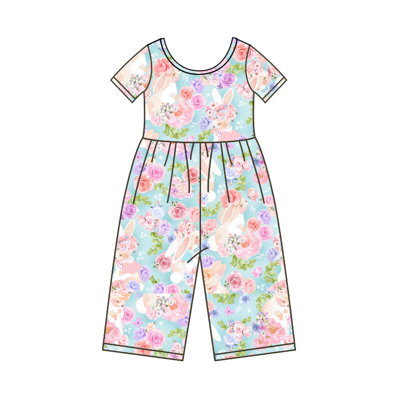 Baby Girls Easter Rabbit Flowers Short Sleeve Jumpsuits Preorder(moq 5)