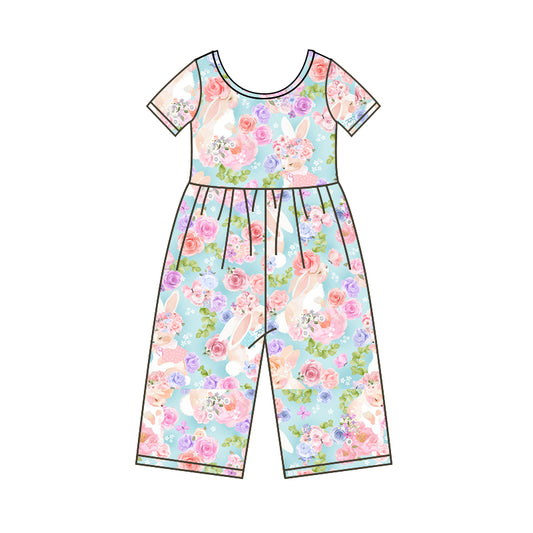 Baby Girls Easter Rabbit Flowers Short Sleeve Jumpsuits Preorder(moq 5)