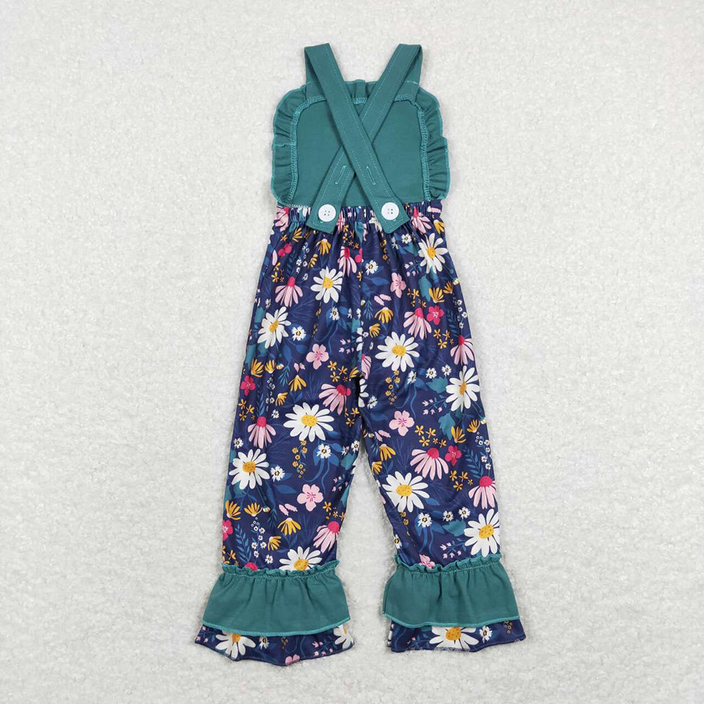 Baby Girls Dark Green Daisy Flowers Straps Ruffle Pants Jumpsuits