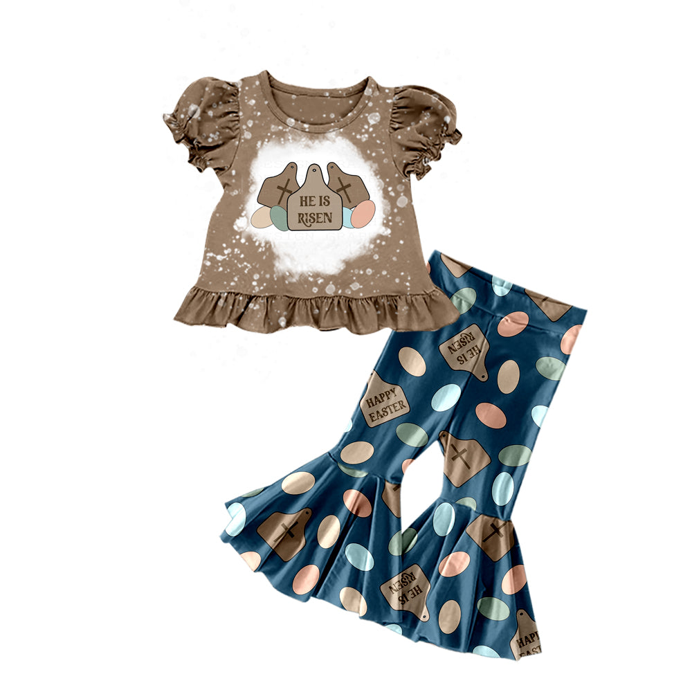 Baby Girls Happy Easter Heifer Shirt Top Western Bell Pants Sets Preorder(moq 5)