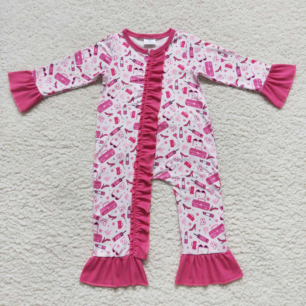 Baby Girls Doll Pink Zip Ruffle Rompers