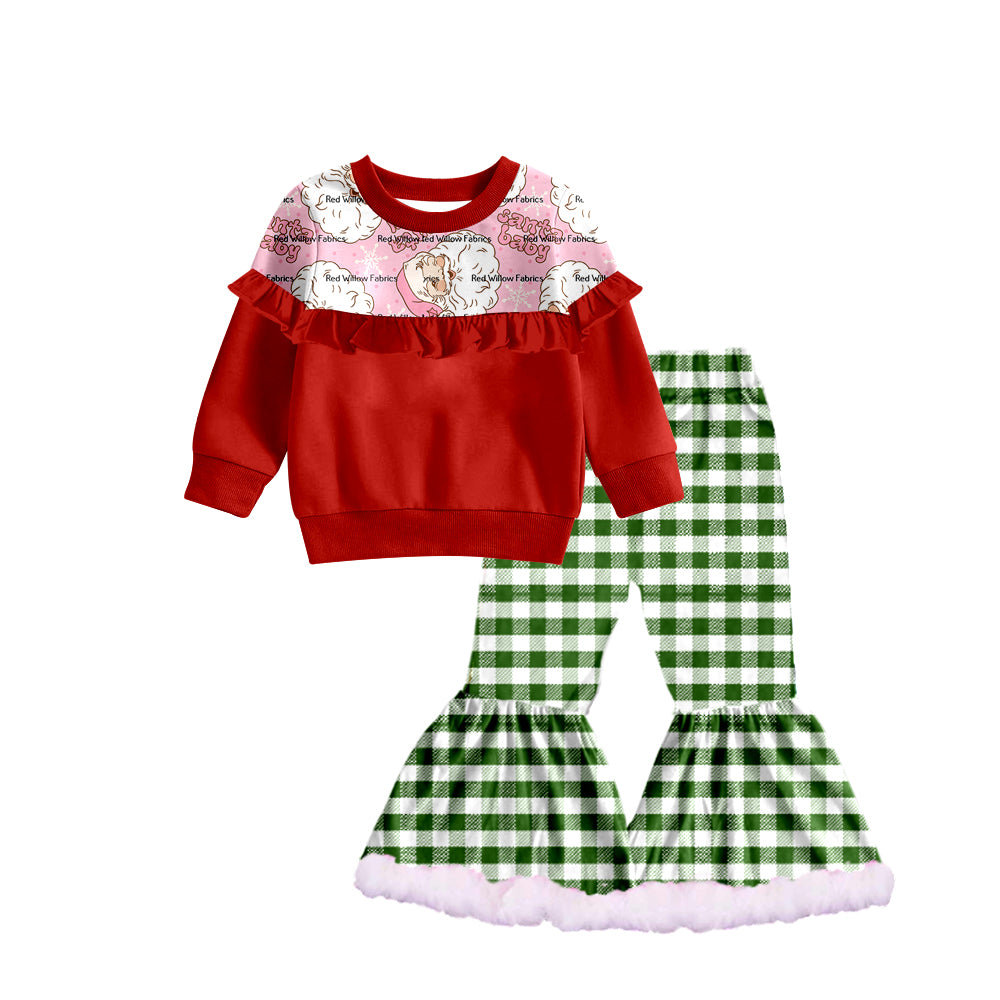 Baby Girls Christmas Ruffle Shirt Green Checkered Bell Bottom Pants Sets preorder(moq 5)