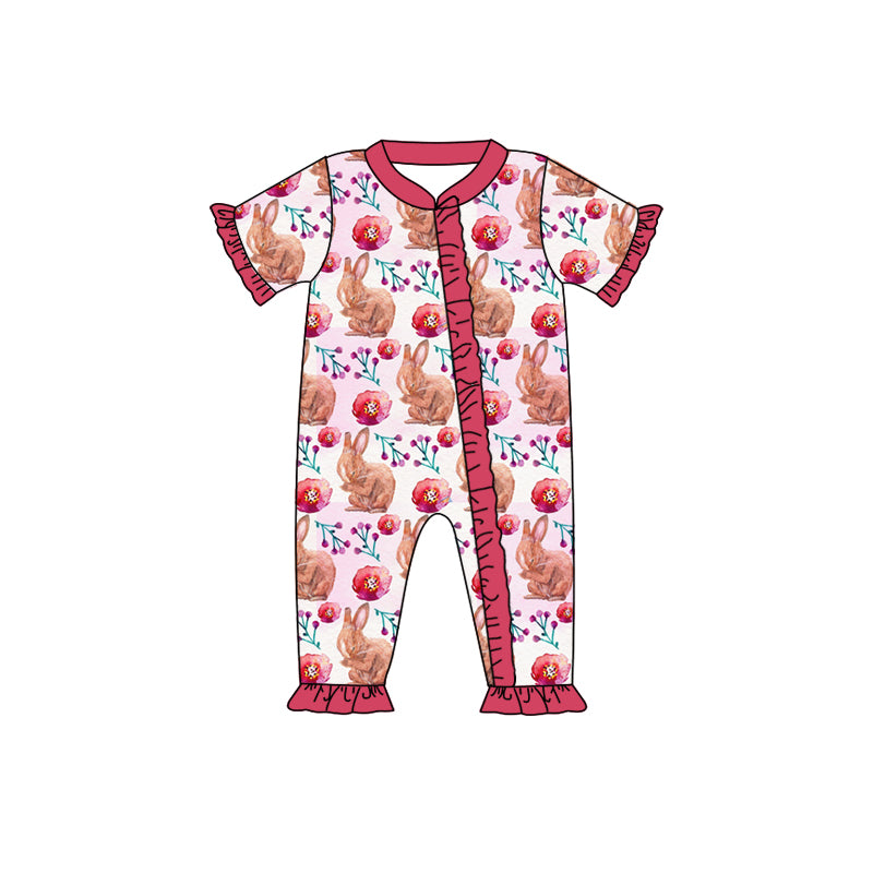 Baby Girls Short Sleeve Easter Rabbits Flowers Rompers preorder(moq 5)