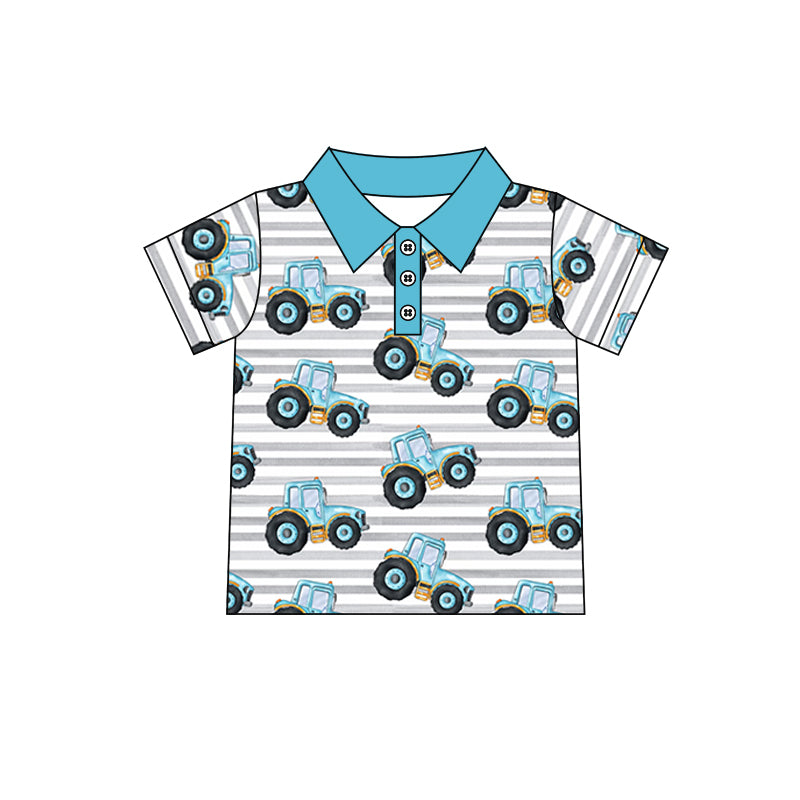 Baby Boys Blue Stripes Tractors Short Sleeve Buttons Shirt Tops Preorder(moq 5)