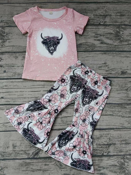 Baby Girls Pink Western Highland Cow Flowers Shirt Bell Pants Preorder(moq 5)