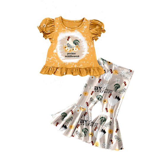 Baby Girls Chicken Flowers Shirt Top Bell Pants Sets Preorder(moq 5)