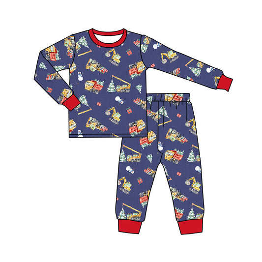 Baby Boys Christmas Excavator Tree Shirt Pants Pajamas Clothes Sets Preorder(moq 5)