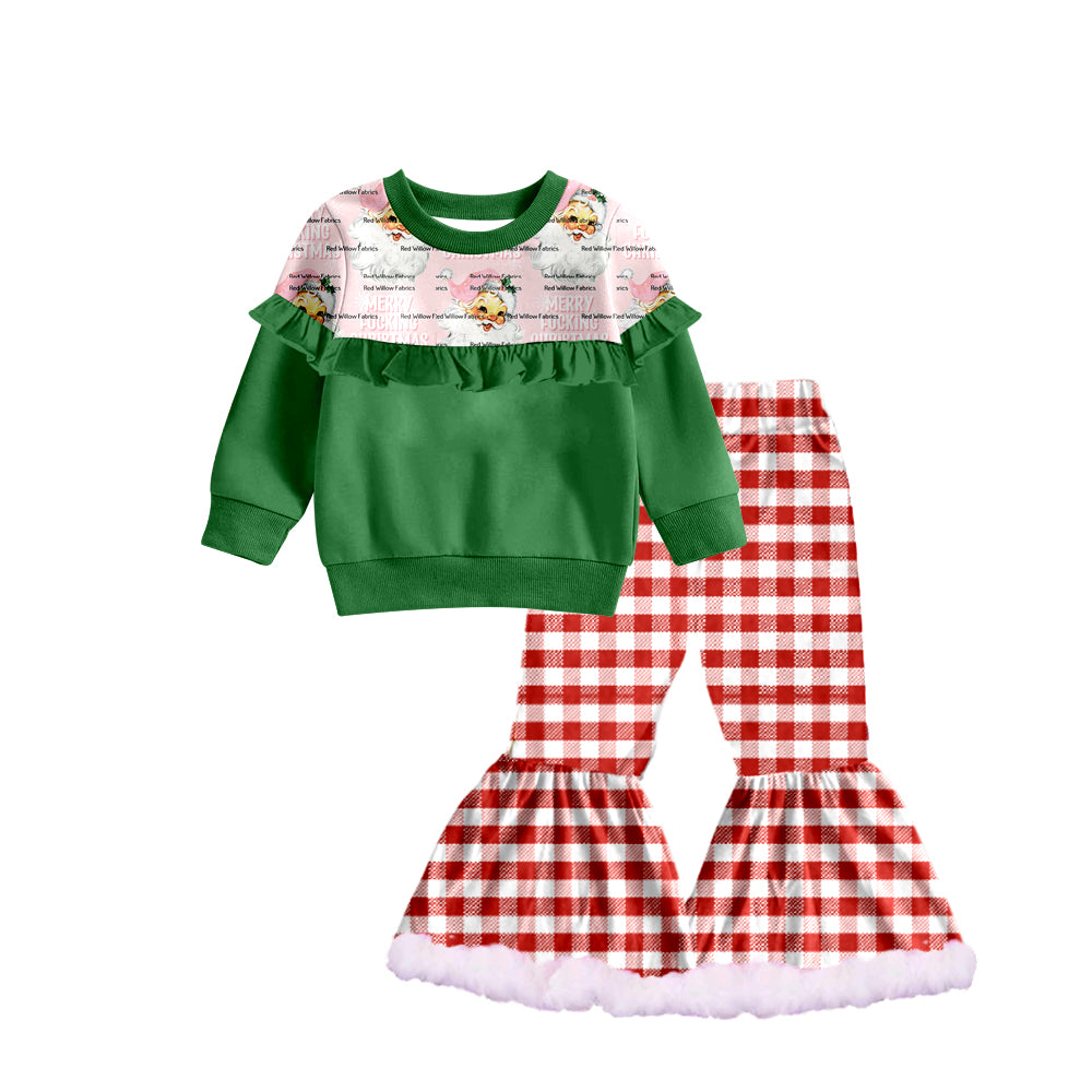 Baby Girls Christmas Ruffle Shirt Red Checkered Bell Bottom Pants Sets preorder(moq 5)