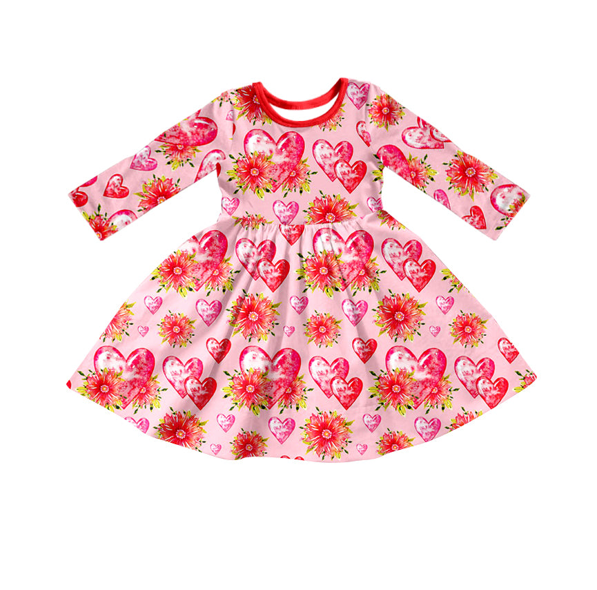 Baby Girls Valentines Hearts Flowers Long Sleeve Knee Length Dresses Preorder(moq 5)