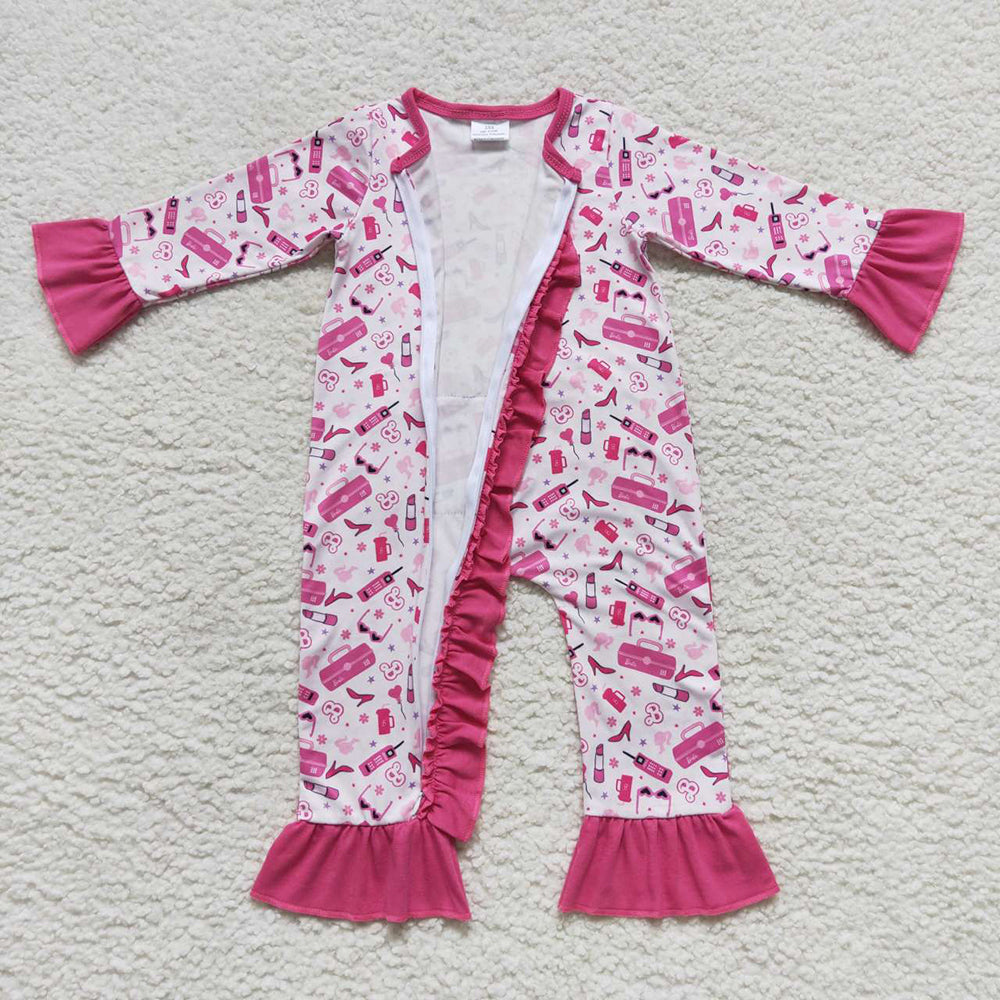 Baby Girls Doll Pink Zip Ruffle Rompers