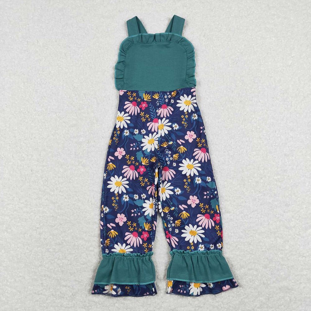 Baby Girls Dark Green Daisy Flowers Straps Ruffle Pants Jumpsuits