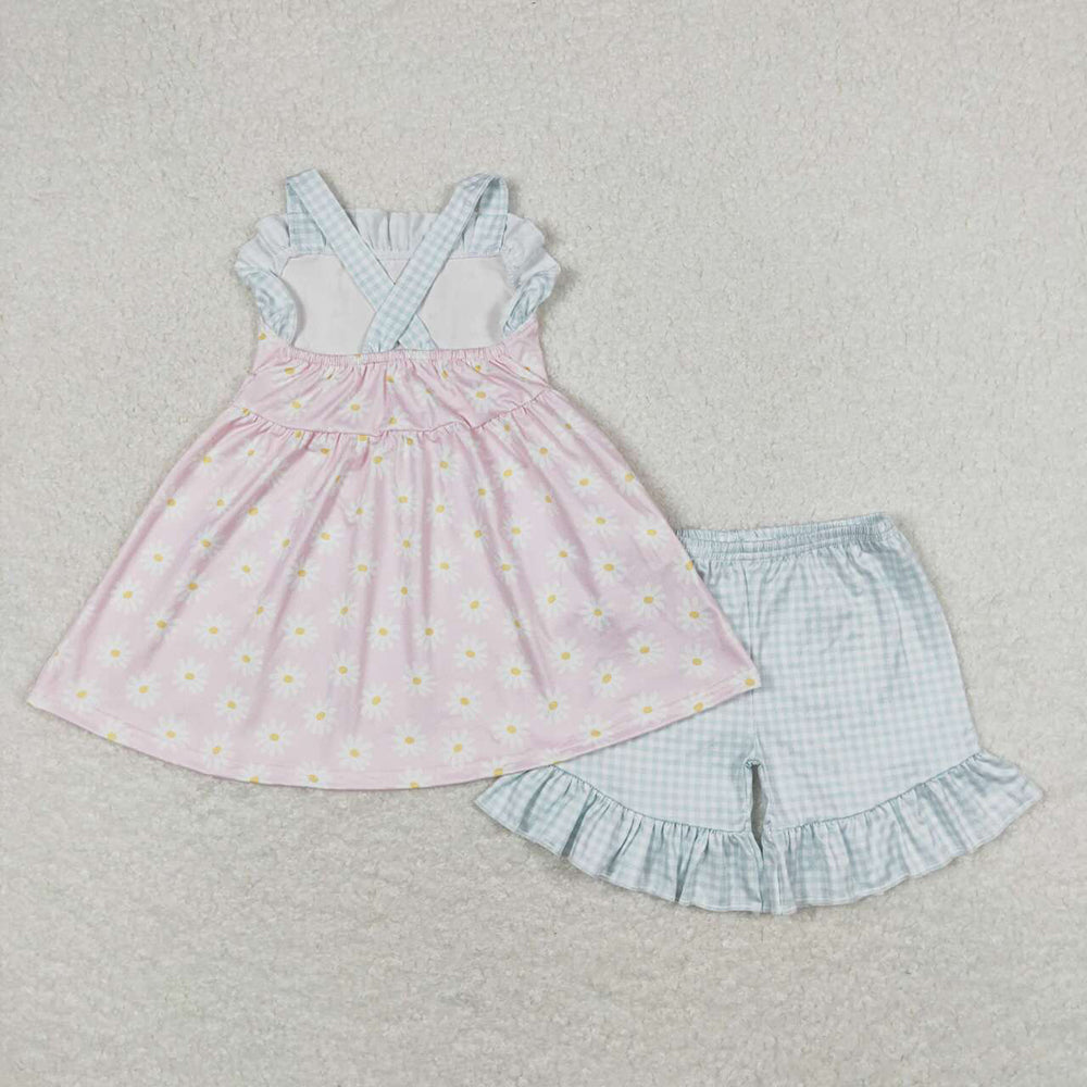 Baby Girls Pink Daisy Straps Tunic Top Ruffle Shorts Clothes Sets