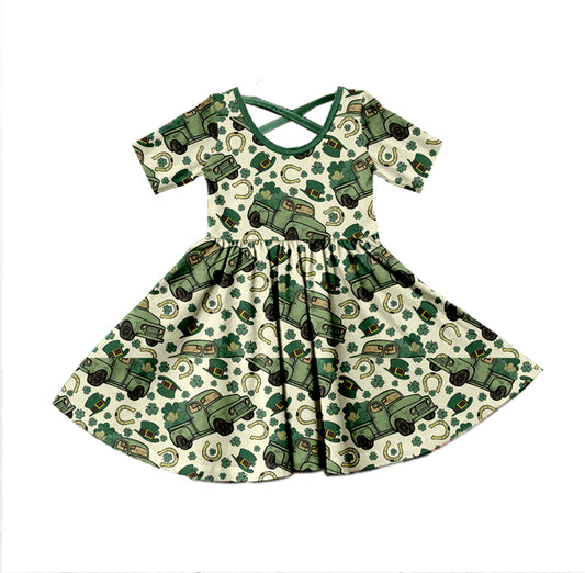 Baby Girls St Patrick Day Short Sleeve Cars Knee Length Dresses Preorder(moq 5)