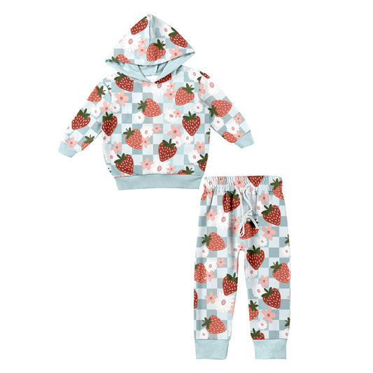 Baby Girls Strawberry Blue Checkered Hoodie Top Pants Clothes Preorder(moq 5)