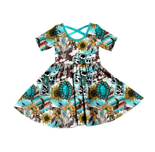 Baby Girls Short Sleeve Easter Turquoise Cross Knee Length Dresses preorder(moq 5)