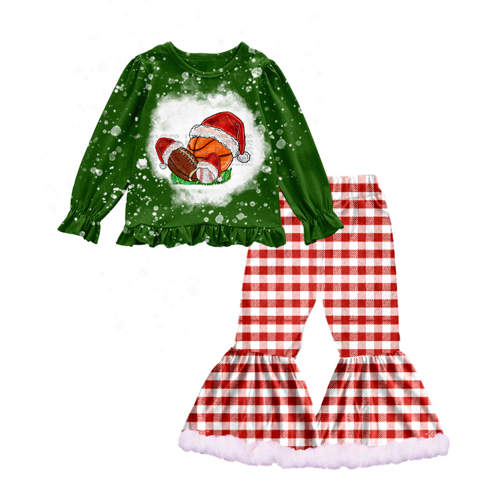 Baby Girls Christmas Balls Shirt Red Checkered Bell Bottom Pants Sets preorder(moq 5)