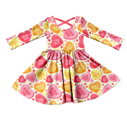 Baby Girls Long Sleeve Valentines Hearts Knee Length Dresses Preorder(moq 5)