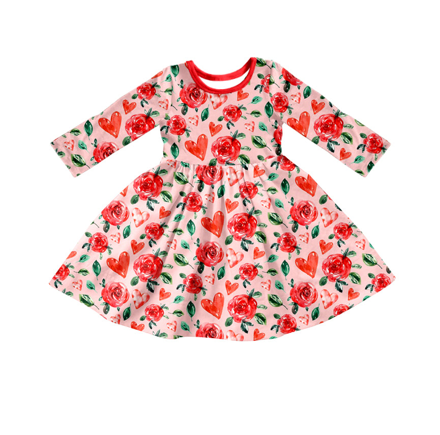 Baby Girls Valentines Pink Flowers Long Sleeve Knee Length Dresses Preorder(moq 5)