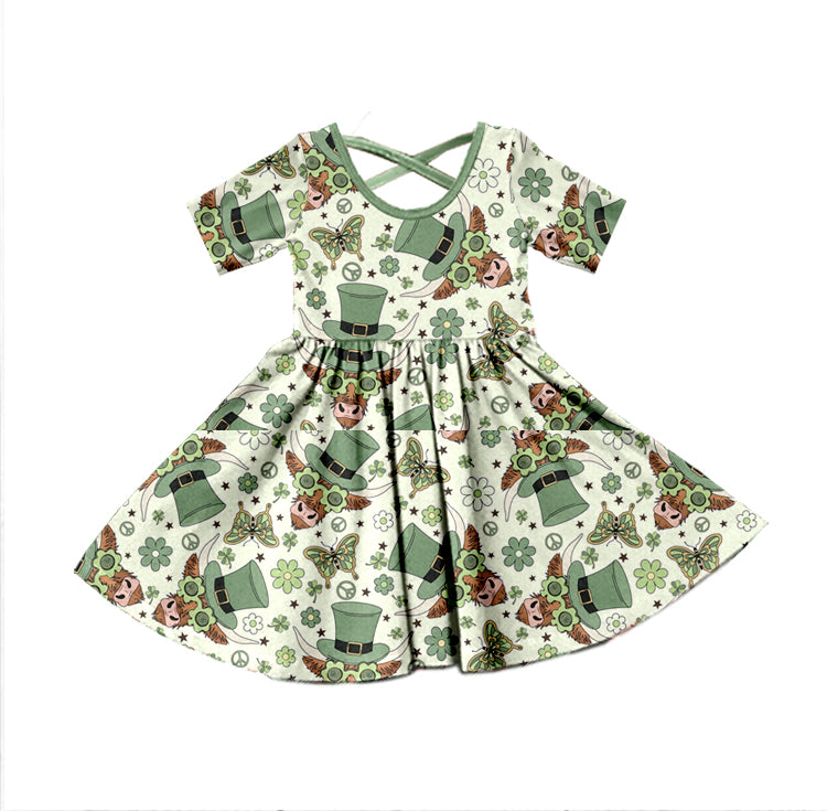 Baby Girls St Patrick Day Short Sleeve Western Highland Cow Knee Length Dresses Preorder(moq 5)